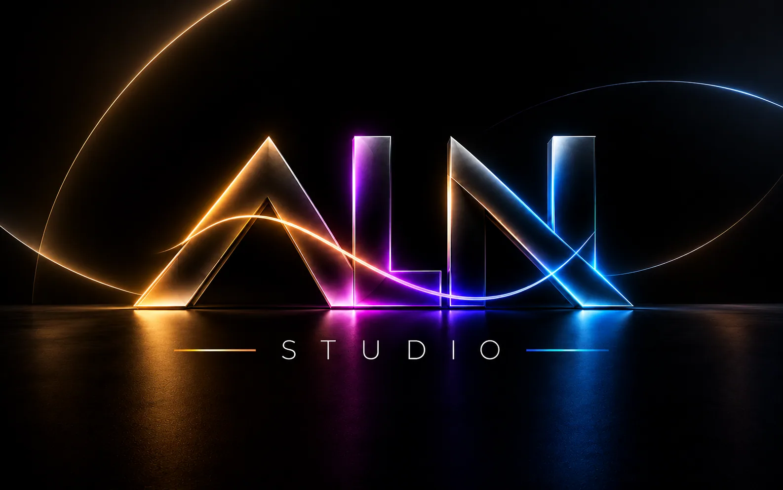Identidade visual do ALN Branding Studio com composição luminosa em dourado, magenta e azul sobre fundo escuro.